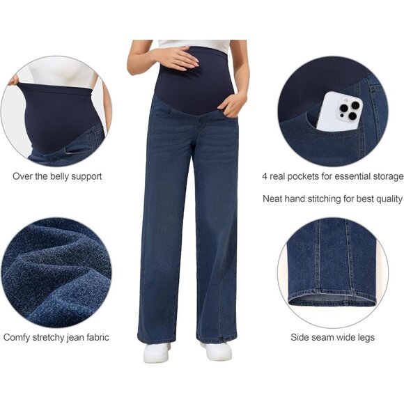 Women's Maternity Wide Leg Jeans Stretchy Denim Pregnancy Pants 31'' Inseam - Picture 2 of 6